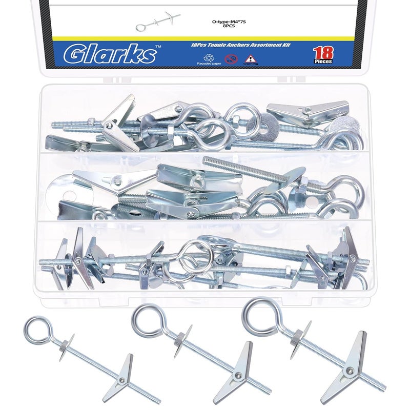 Glarks 18pcs M4 M5 M6 O-Shaped Eye Bolt Toggle Anchors Set for Drywall, Toggle Bolts, Butterfly Anchors, Spring Toggle Wing Bolts for Ceiling, Sheetrock, Hollow Wall - Image 1